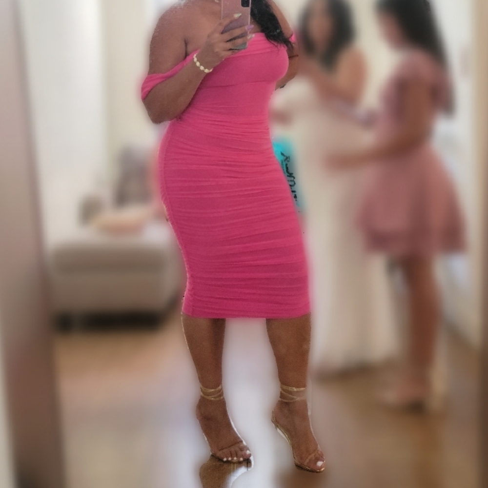 DONATED- MESH OVERLAY RUCHED OFF-THE SHOULDER DRESS